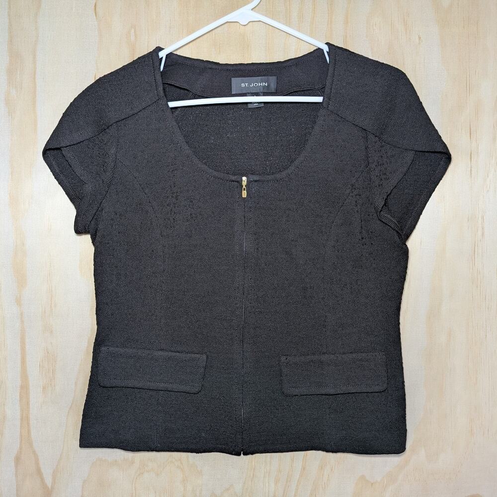 St. John Size 8 Dark Brown Knit Zip Front Top Short Sleeve Scoop Neck USA